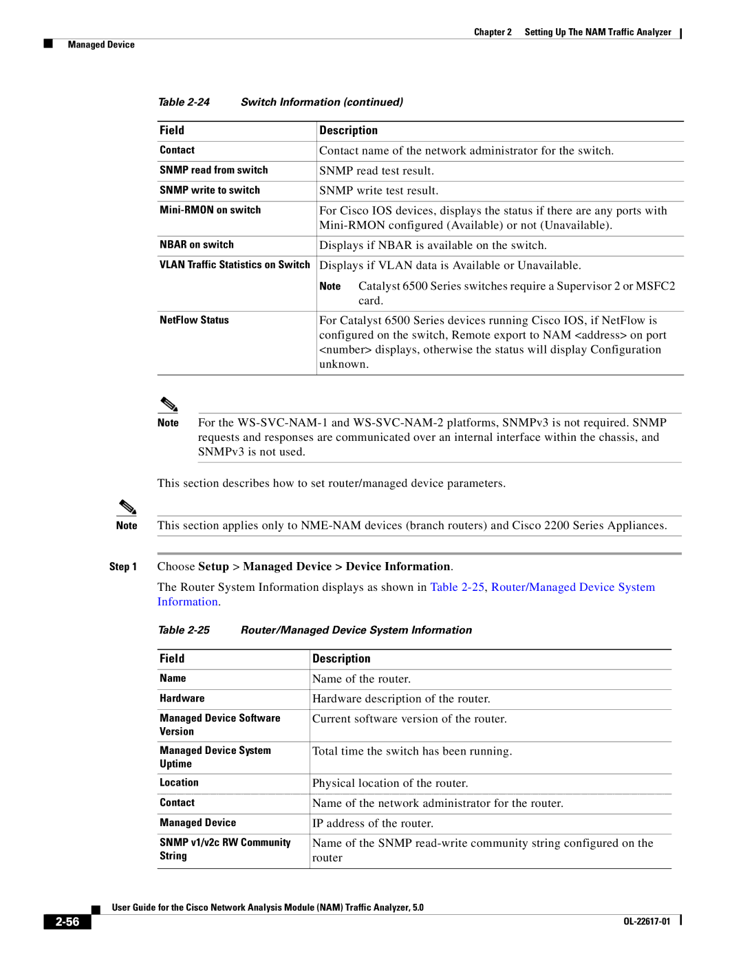 Cisco Systems 5 Choose Setup Managed Device Device Information, Name of the router, Hardware description of the router 