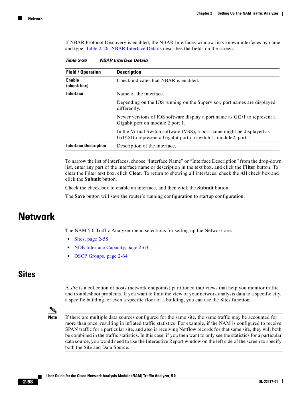 Cisco Systems 5, NAM manual Network, Field / Operation Description, Sites, NDE Interface Capacity, Dscp Groups 