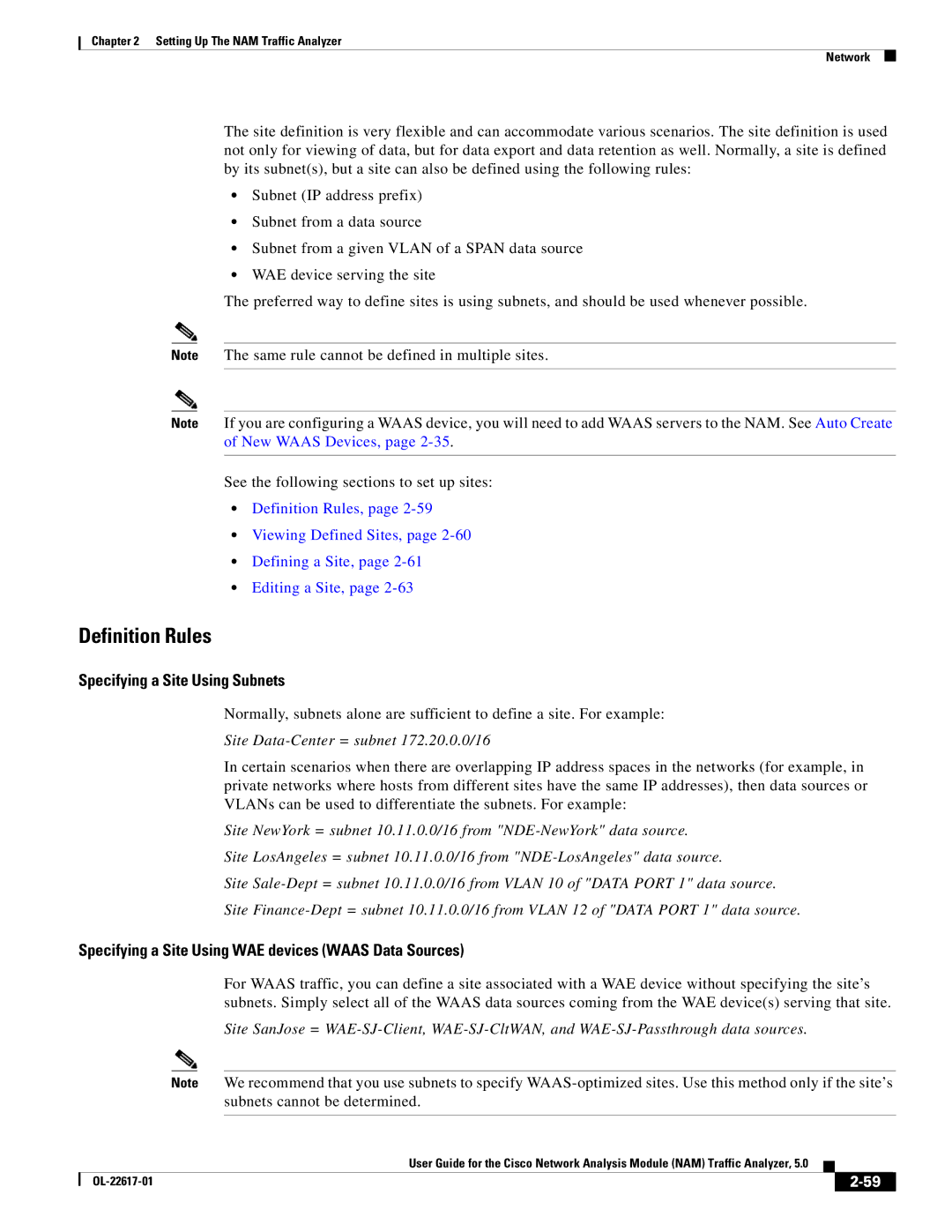 Cisco Systems NAM Definition Rules, Specifying a Site Using Subnets, Specifying a Site Using WAE devices Waas Data Sources 