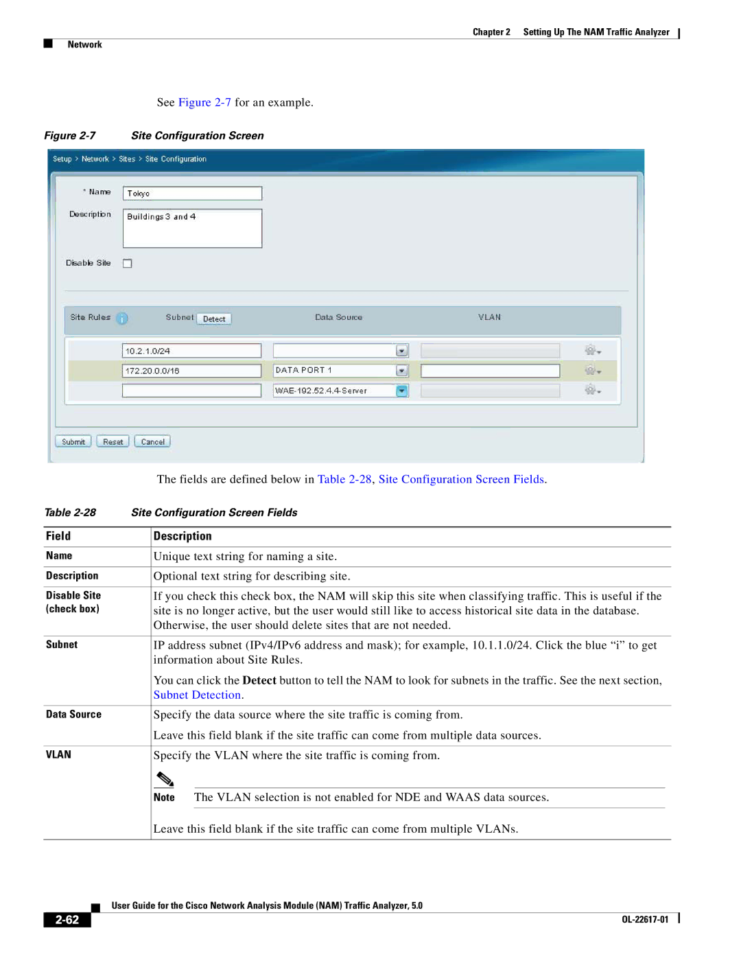 Cisco Systems 5, NAM See -7for an example, Unique text string for naming a site, Optional text string for describing site 