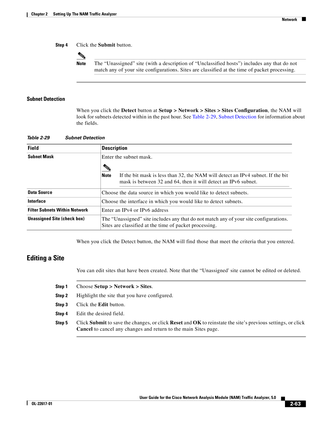 Cisco Systems NAM, 5 manual Editing a Site, Subnet Detection, Enter an IPv4 or IPv6 address 