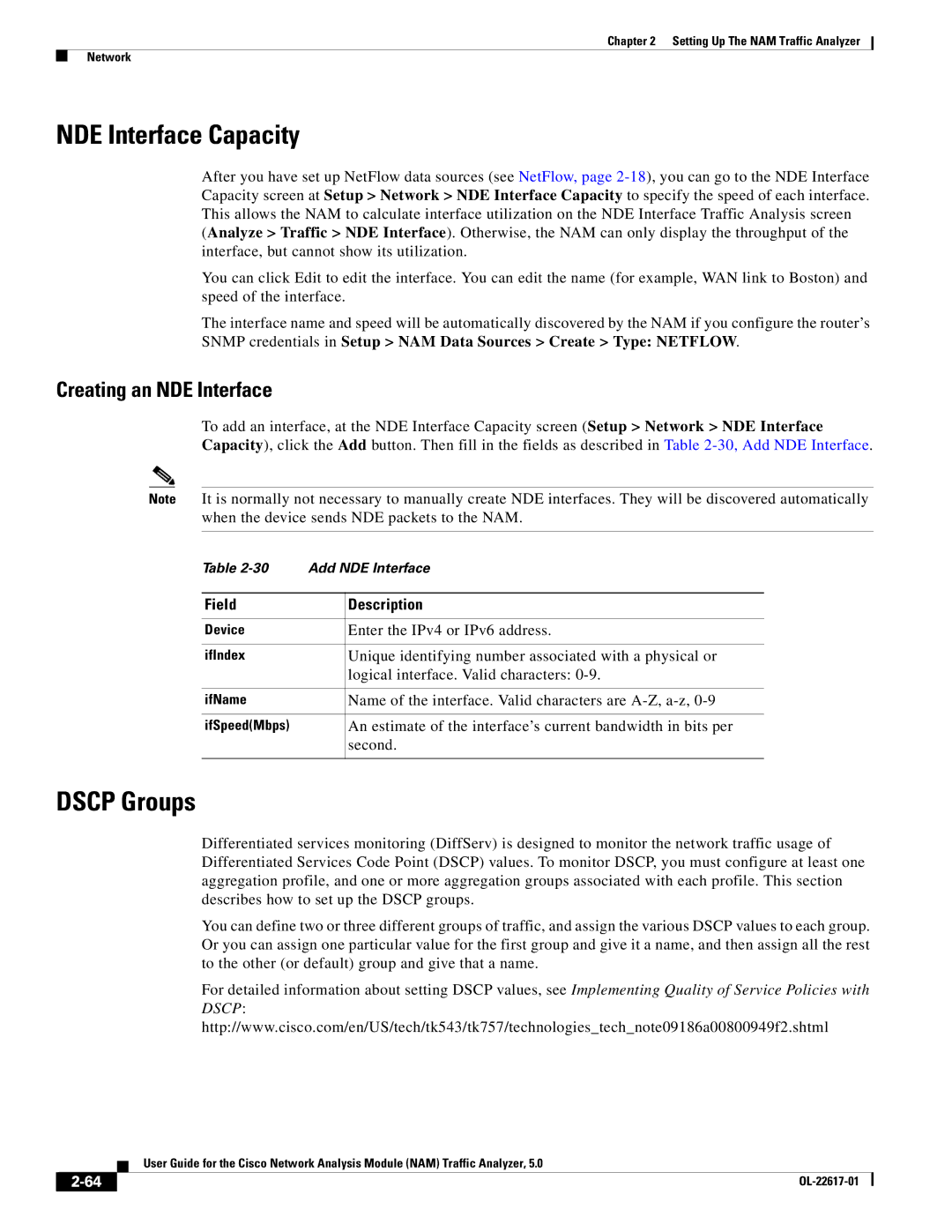 Cisco Systems 5, NAM manual NDE Interface Capacity, Dscp Groups, Creating an NDE Interface 