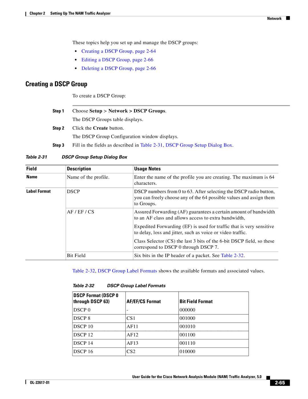 Cisco Systems NAM, 5 manual Creating a Dscp Group, Choose Setup Network Dscp Groups, Field Description Usage Notes 