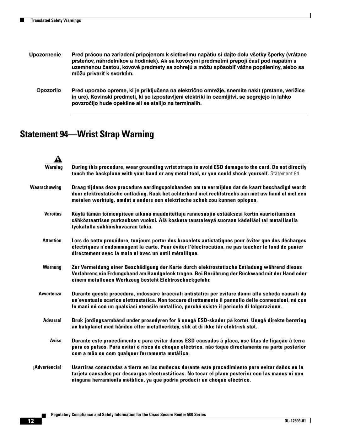 Cisco Systems 500 Series manual Statement 94-Wrist Strap Warning 