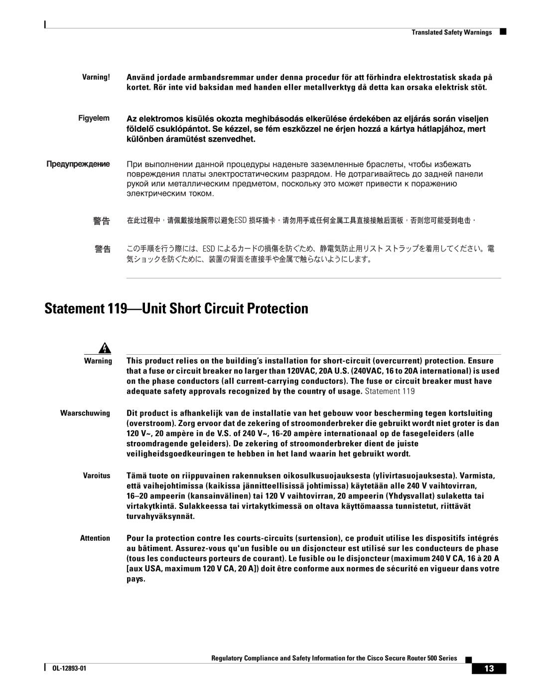 Cisco Systems 500 Series manual Statement 119-Unit Short Circuit Protection 