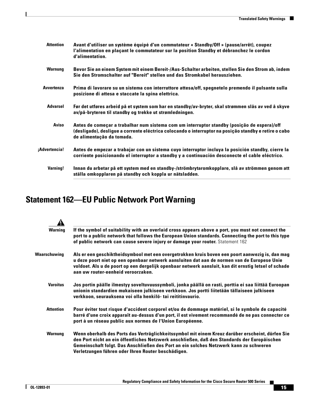 Cisco Systems 500 Series manual Statement 162-EU Public Network Port Warning 