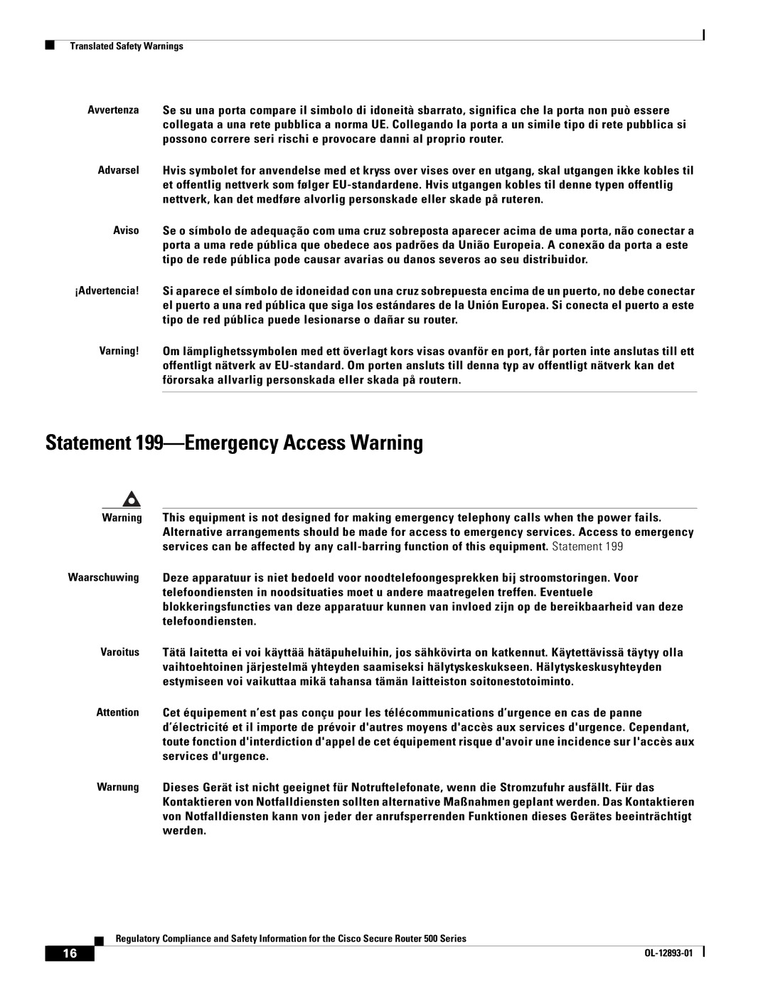 Cisco Systems 500 Series manual Statement 199-Emergency Access Warning 