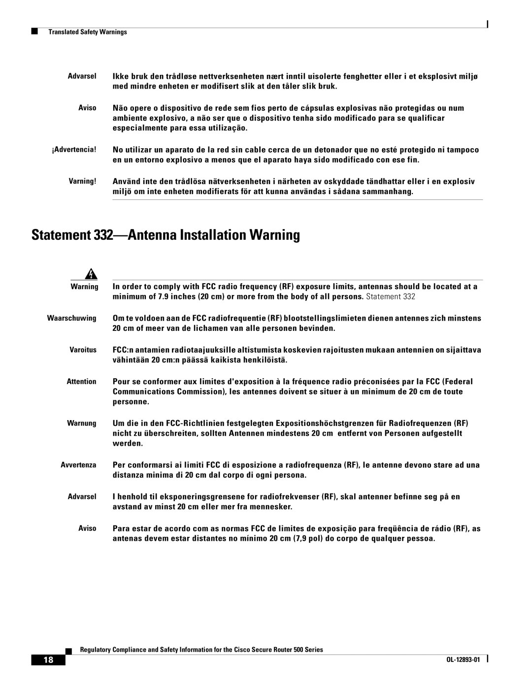 Cisco Systems 500 Series manual Statement 332-Antenna Installation Warning 