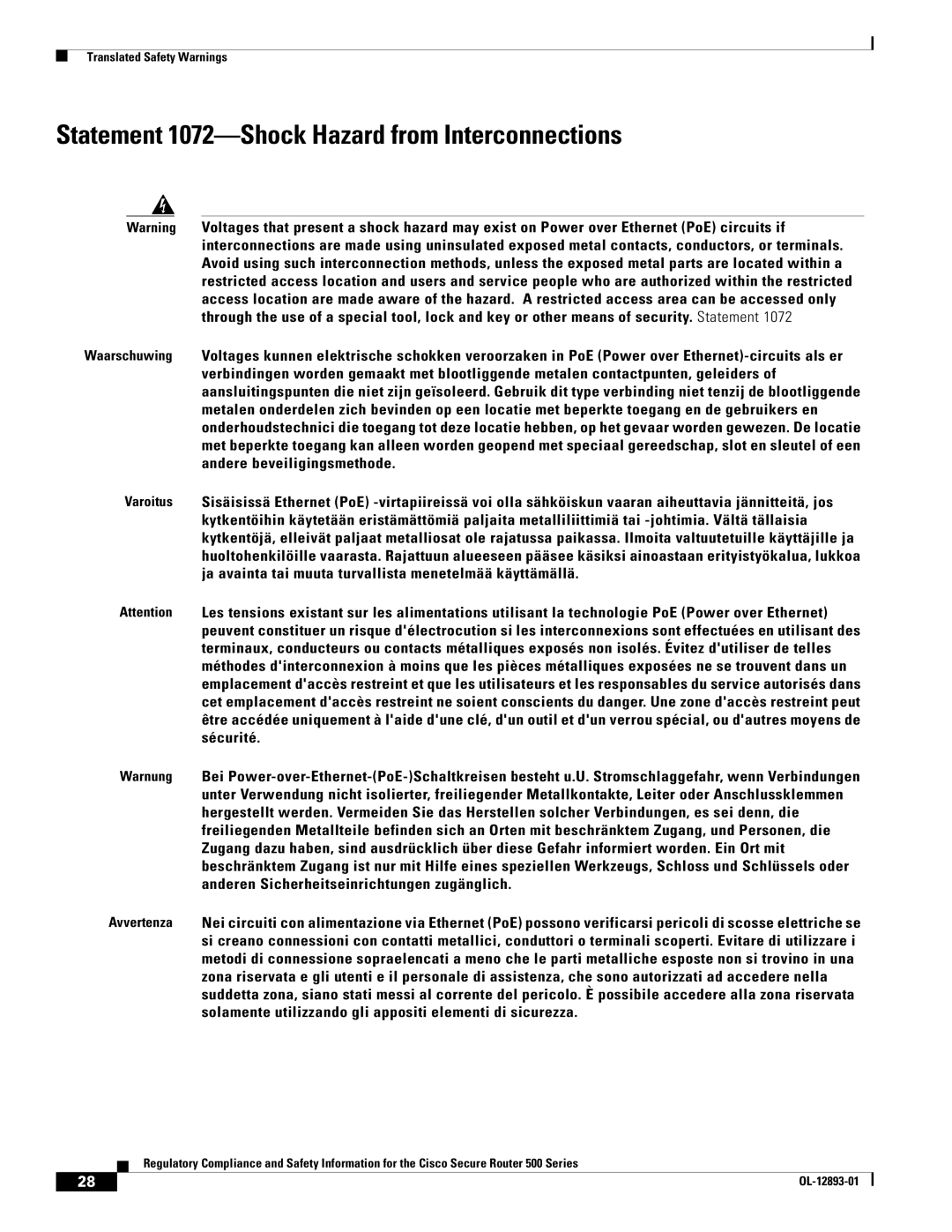 Cisco Systems 500 Series manual Statement 1072-Shock Hazard from Interconnections 