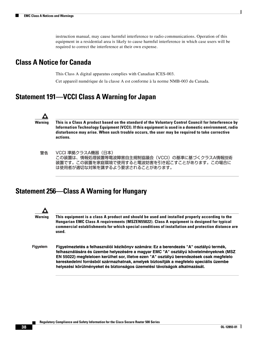 Cisco Systems 500 Series manual Class a Notice for Canada 