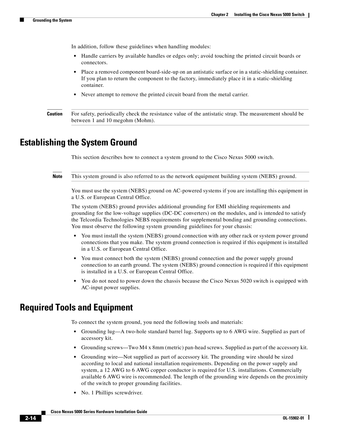 Cisco Systems 5000 Series manual Establishing the System Ground, Required Tools and Equipment 