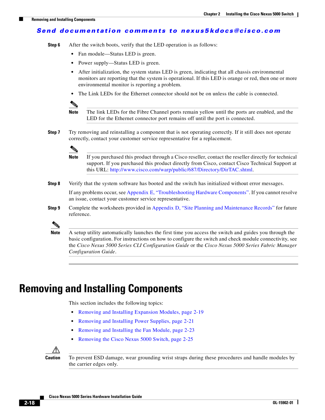 Cisco Systems 5000 Series manual Removing and Installing Components 