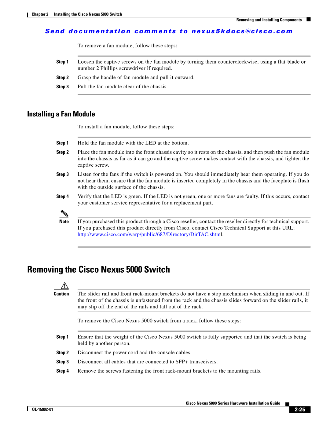 Cisco Systems 5000 Series manual Removing the Cisco Nexus 5000 Switch, Installing a Fan Module 