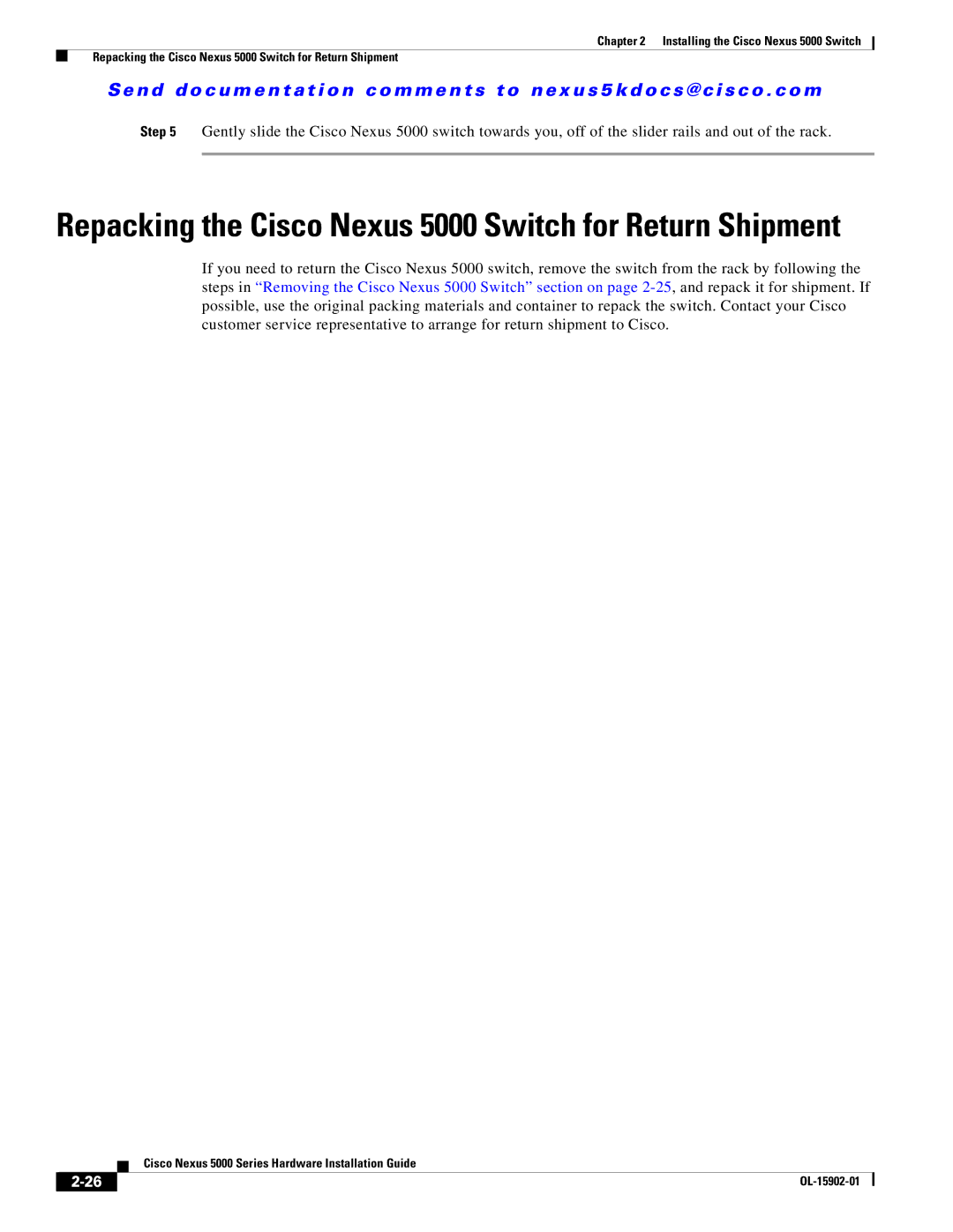 Cisco Systems 5000 Series manual Repacking the Cisco Nexus 5000 Switch for Return Shipment 