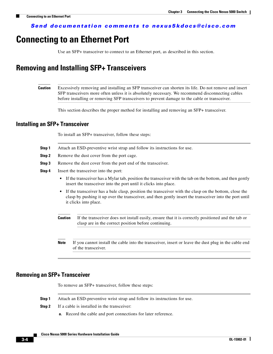 Cisco Systems 5000 Series manual Connecting to an Ethernet Port, Removing and Installing SFP+ Transceivers 