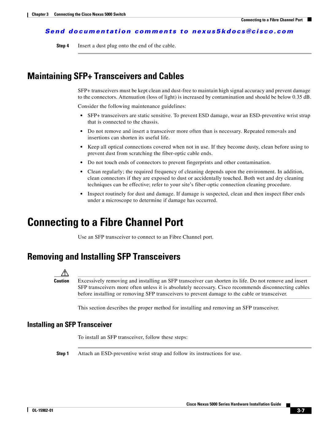 Cisco Systems 5000 Series manual Connecting to a Fibre Channel Port, Maintaining SFP+ Transceivers and Cables 