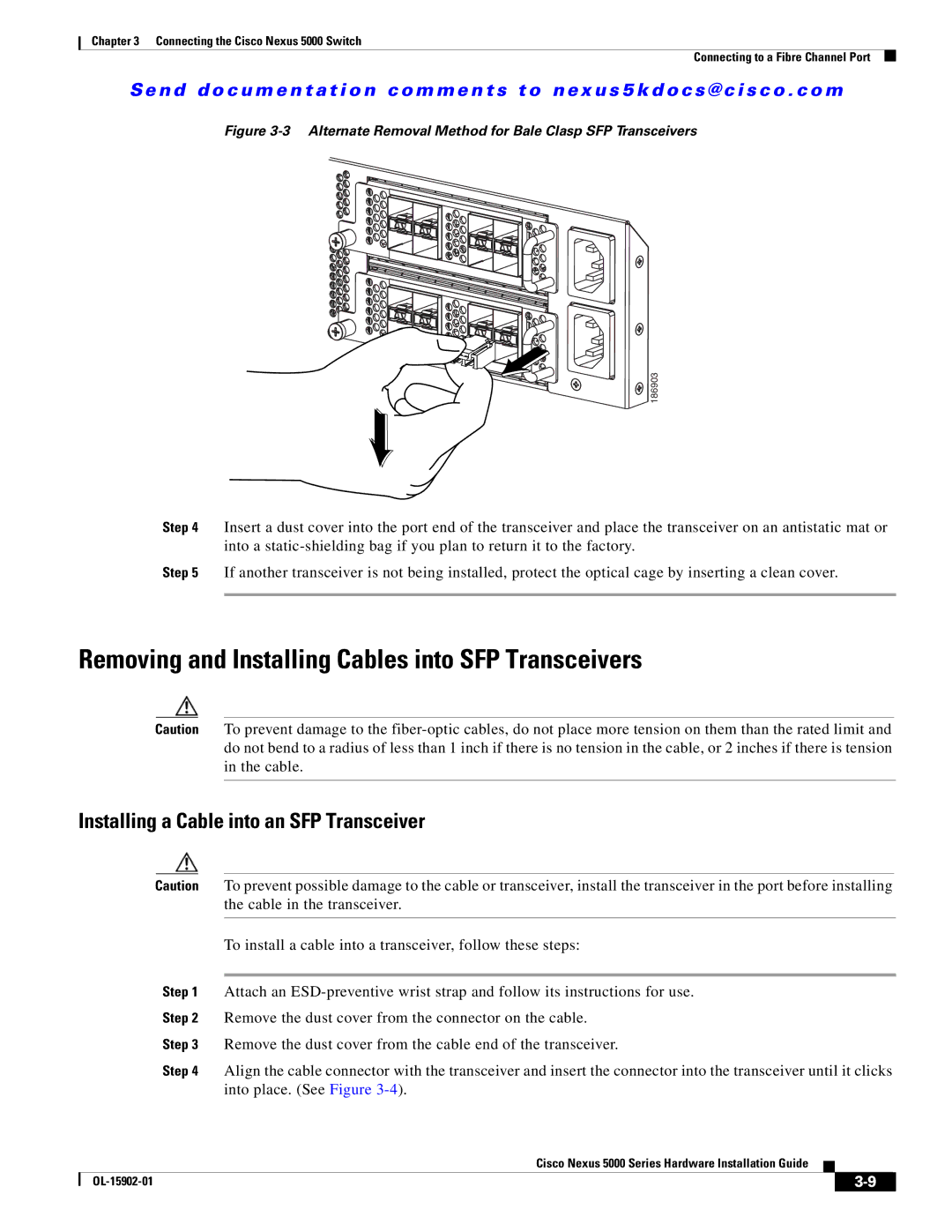 Cisco Systems 5000 Series Removing and Installing Cables into SFP Transceivers, Installing a Cable into an SFP Transceiver 