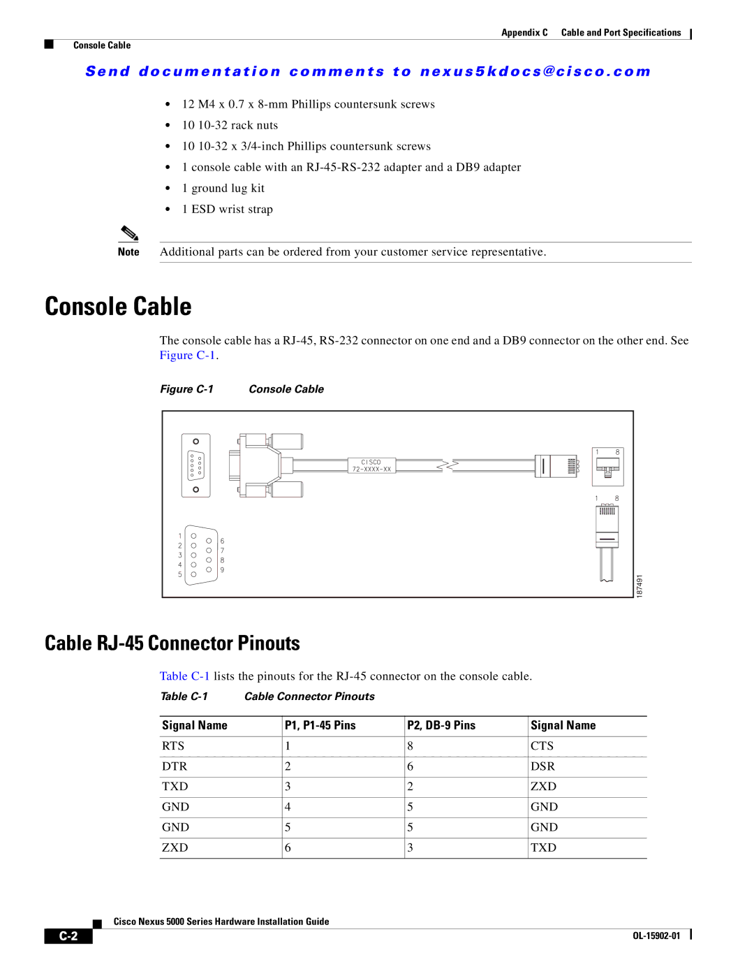 Cisco Systems 5000 Series manual Console Cable, Cable RJ-45 Connector Pinouts, Signal Name P1, P1-45 Pins P2, DB-9 Pins 