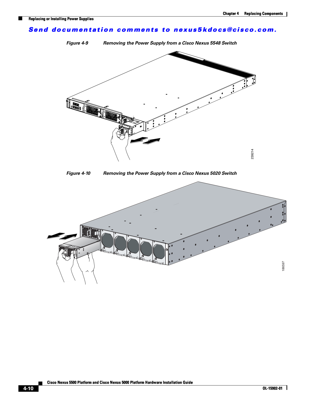 Cisco Systems 5000 manual 4-10, 9 Removing the Power Supply from a Cisco Nexus 5548 Switch, 239214, 186597, OL-15902-01 