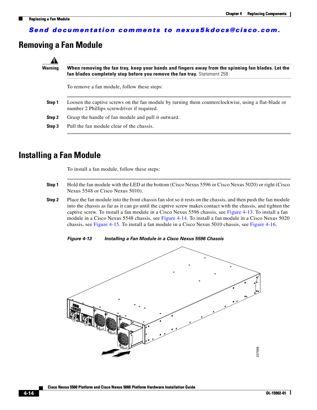 Cisco Systems 5000 manual Removing a Fan Module, Installing a Fan Module, 4-14 