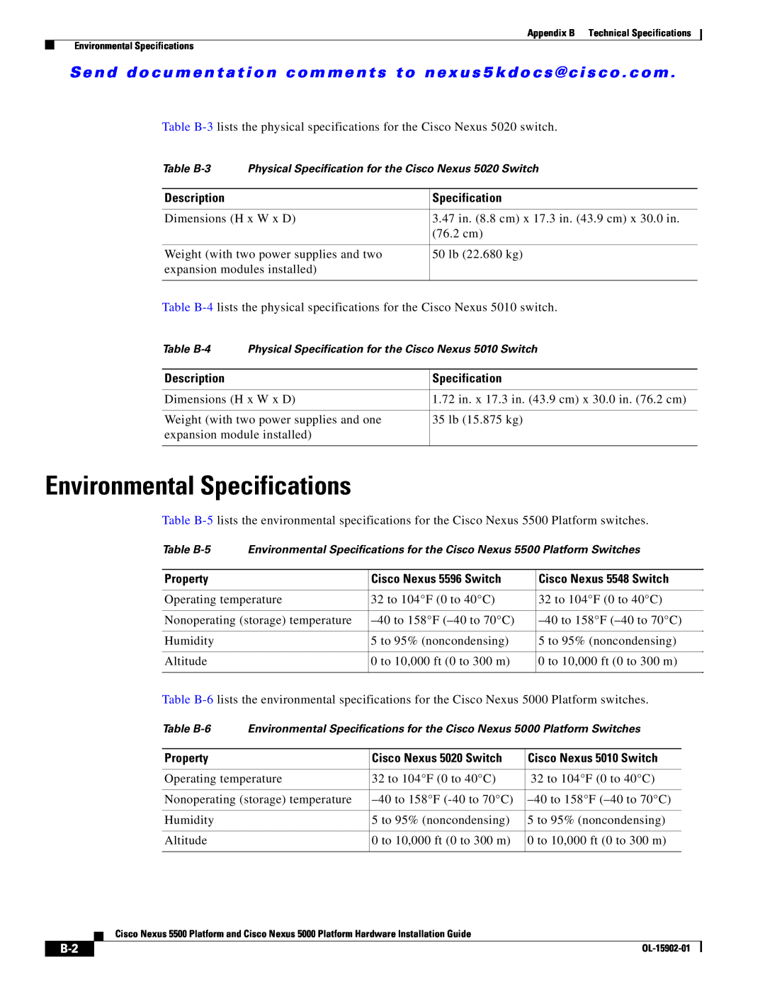 Cisco Systems 5000 manual Environmental Specifications 