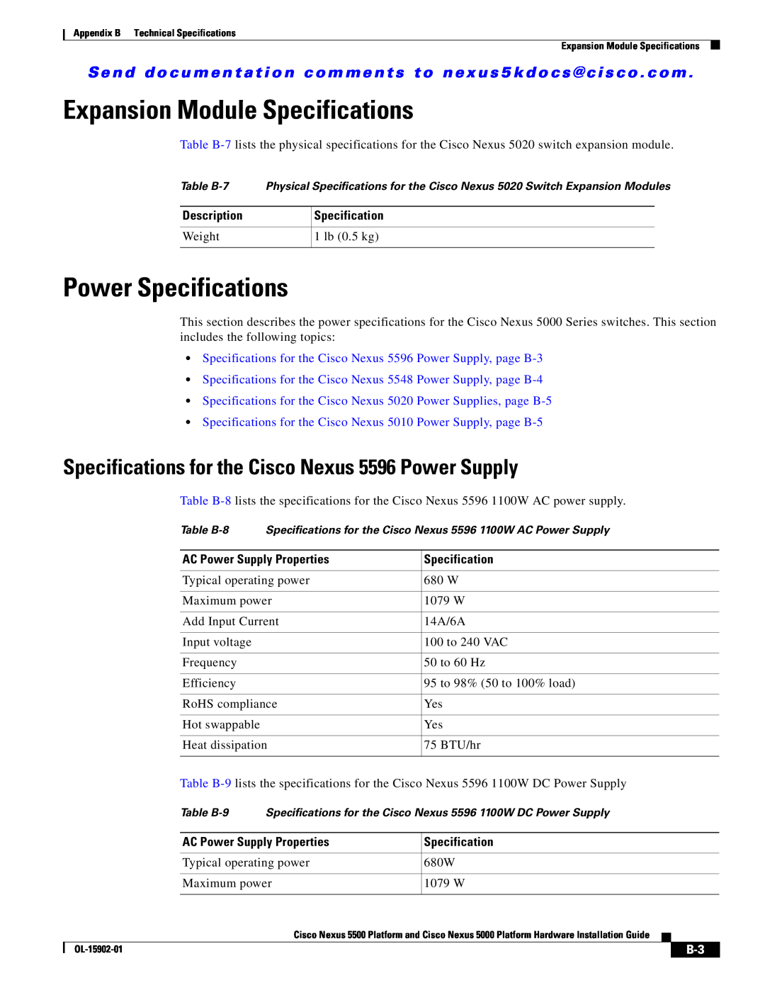 Cisco Systems 5000 manual Specifications for the Cisco Nexus 5596 Power Supply, Description, Weight, 1 lb 0.5 kg 