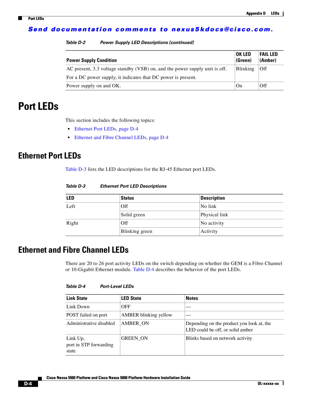 Cisco Systems 5000 manual Ethernet and Fibre Channel LEDs, Ethernet Port LEDs, page D-4 