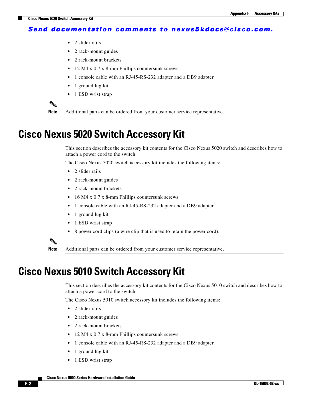 Cisco Systems 5000 manual Cisco Nexus 5020 Switch Accessory Kit, Cisco Nexus 5010 Switch Accessory Kit 