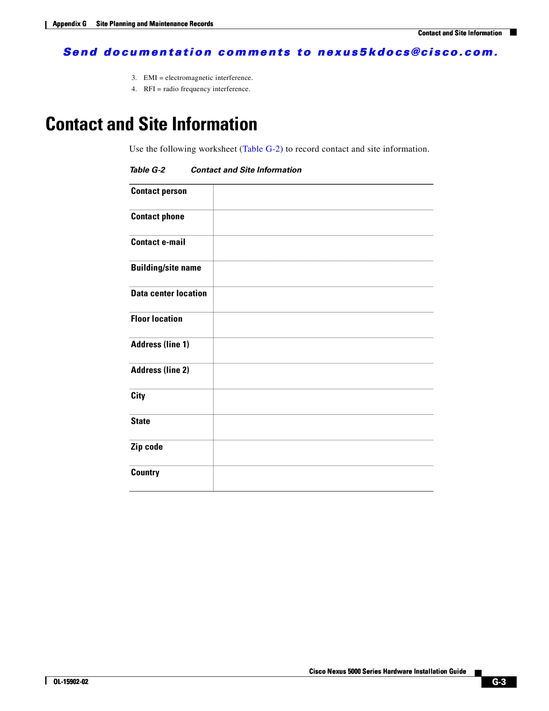 Cisco Systems 5000 Table G-2 Contact and Site Information, Appendix G Site Planning and Maintenance Records, OL-15902-02 