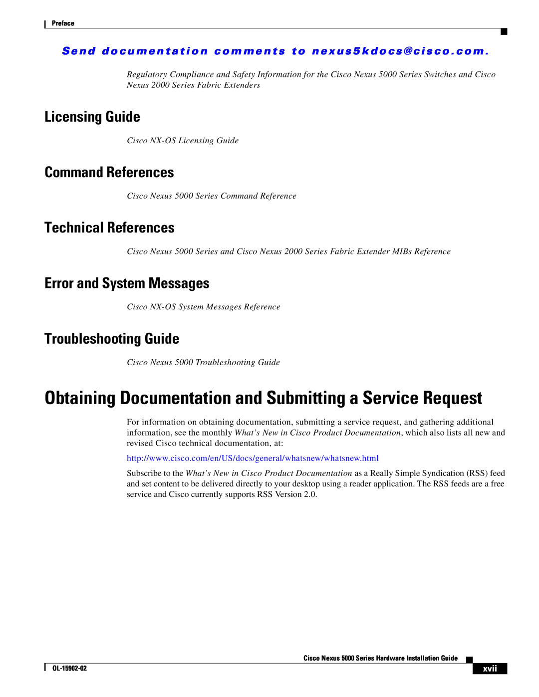 Cisco Systems 5000 Obtaining Documentation and Submitting a Service Request, Licensing Guide, Command References, xvii 