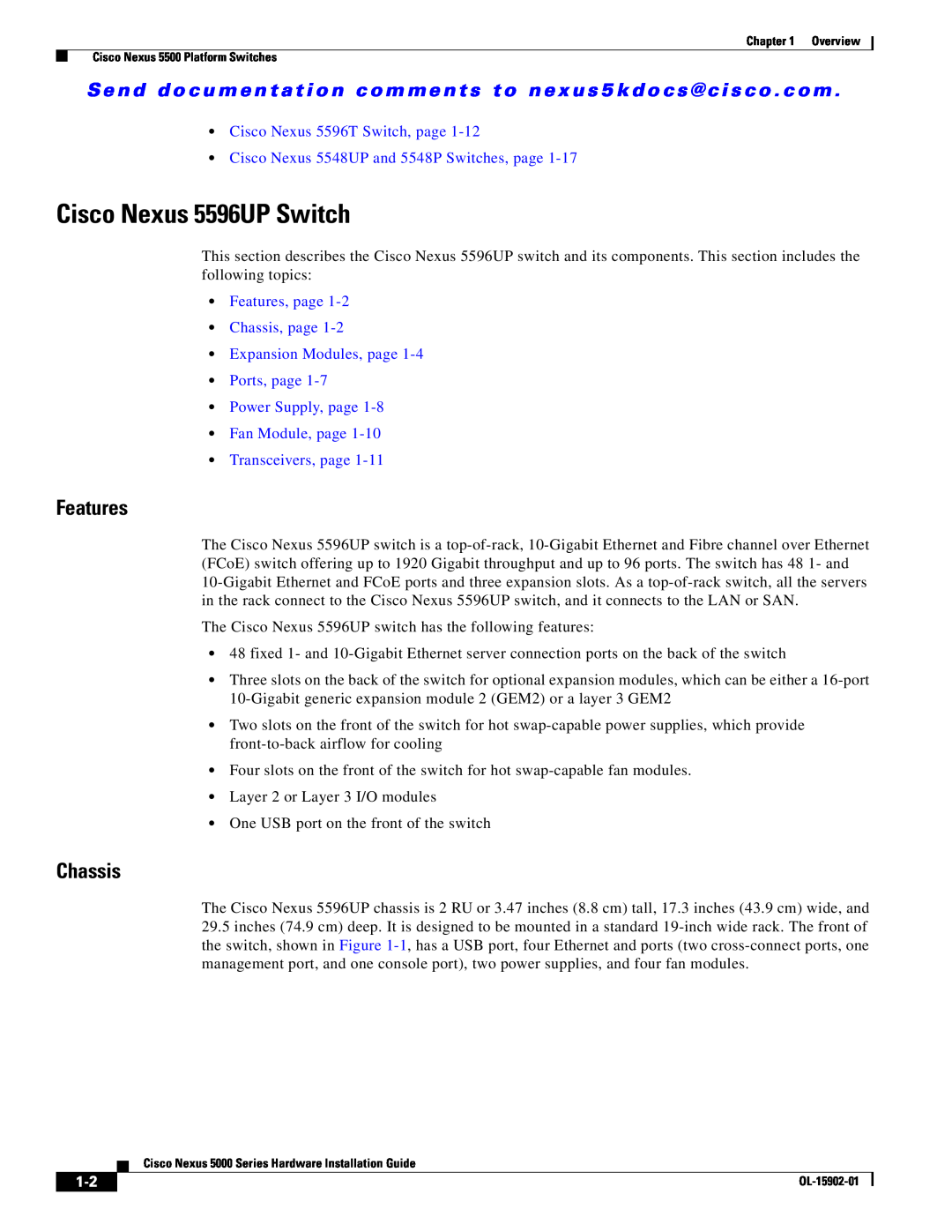 Cisco Systems 5000 manual Cisco Nexus 5596UP Switch, Features, Chassis, Cisco Nexus 5596T Switch, page 