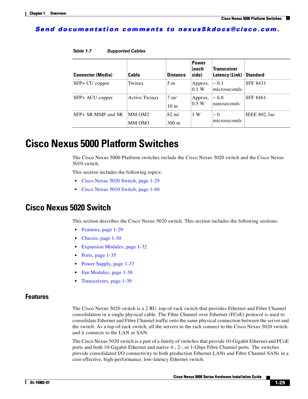 Cisco Systems 5000 manual Features, Cisco Nexus 5020 Switch, page Cisco Nexus 5010 Switch, page, 1-29 