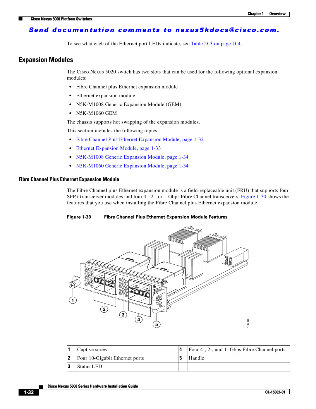 Cisco Systems 5000 Expansion Modules, Fibre Channel Plus Ethernet Expansion Module, Ethernet Expansion Module, page, 1-32 
