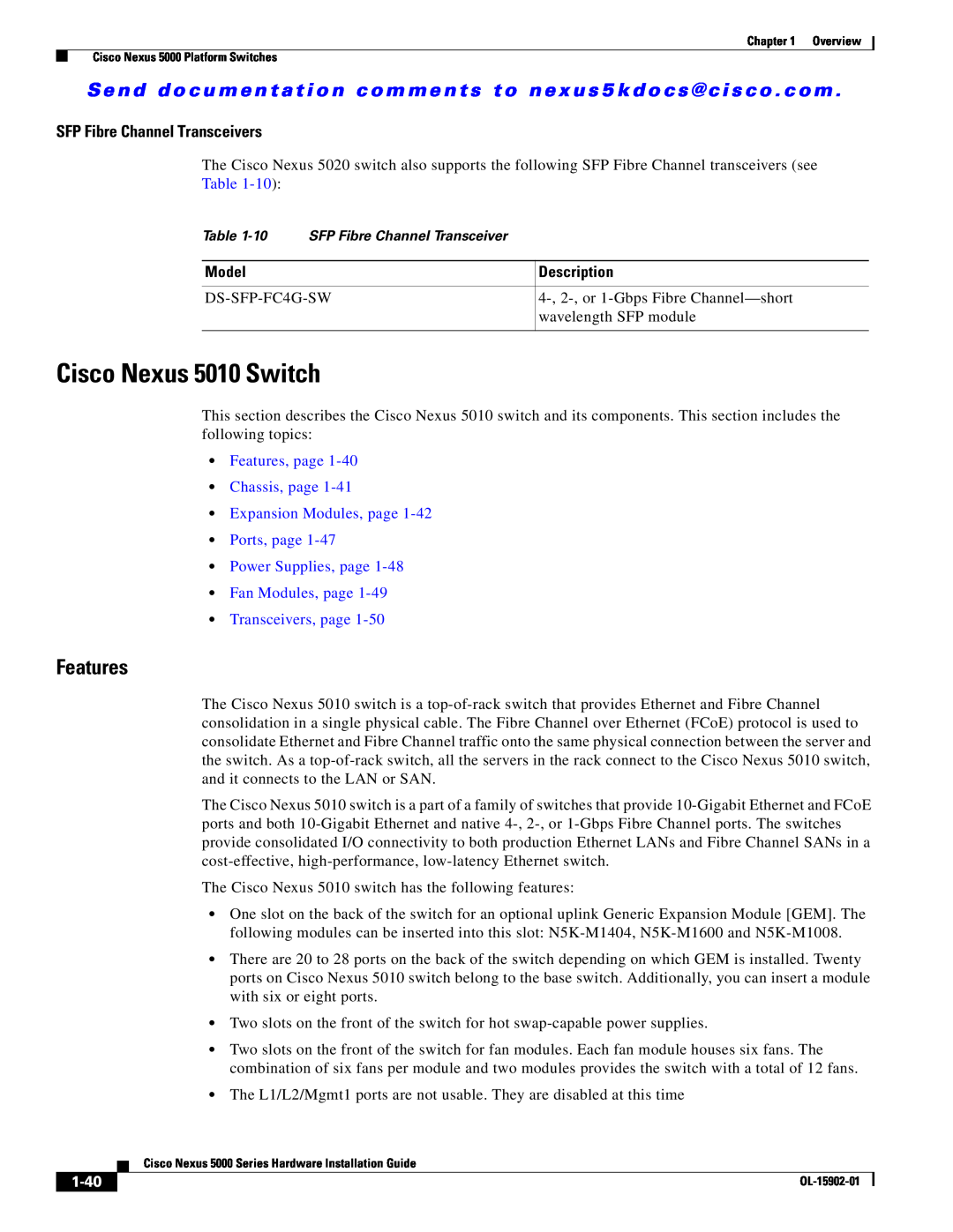 Cisco Systems 5000 manual Cisco Nexus 5010 Switch, Features, SFP Fibre Channel Transceivers, 1-40 