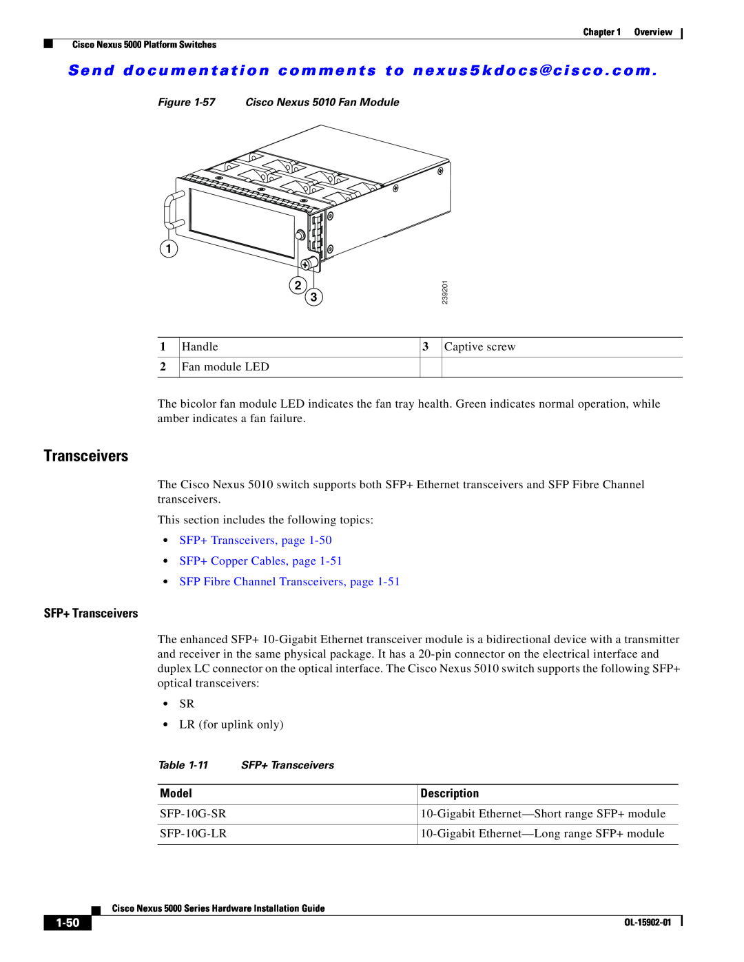 Cisco Systems 5000 SFP+ Transceivers, page SFP+ Copper Cables, page, SFP Fibre Channel Transceivers, page, 1-50 