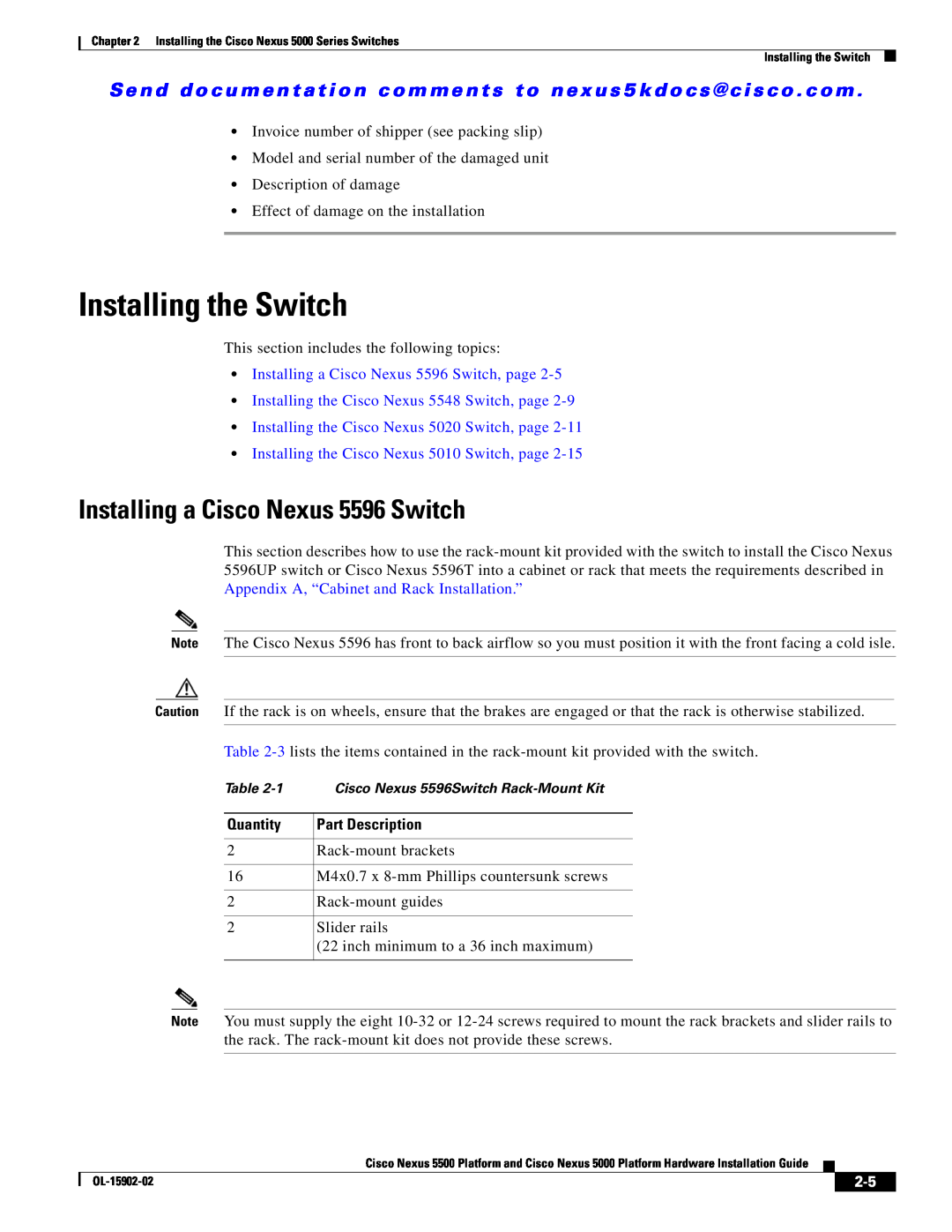 Cisco Systems 5000 manual Installing a Cisco Nexus 5596 Switch, page, Installing the Cisco Nexus 5548 Switch, page 