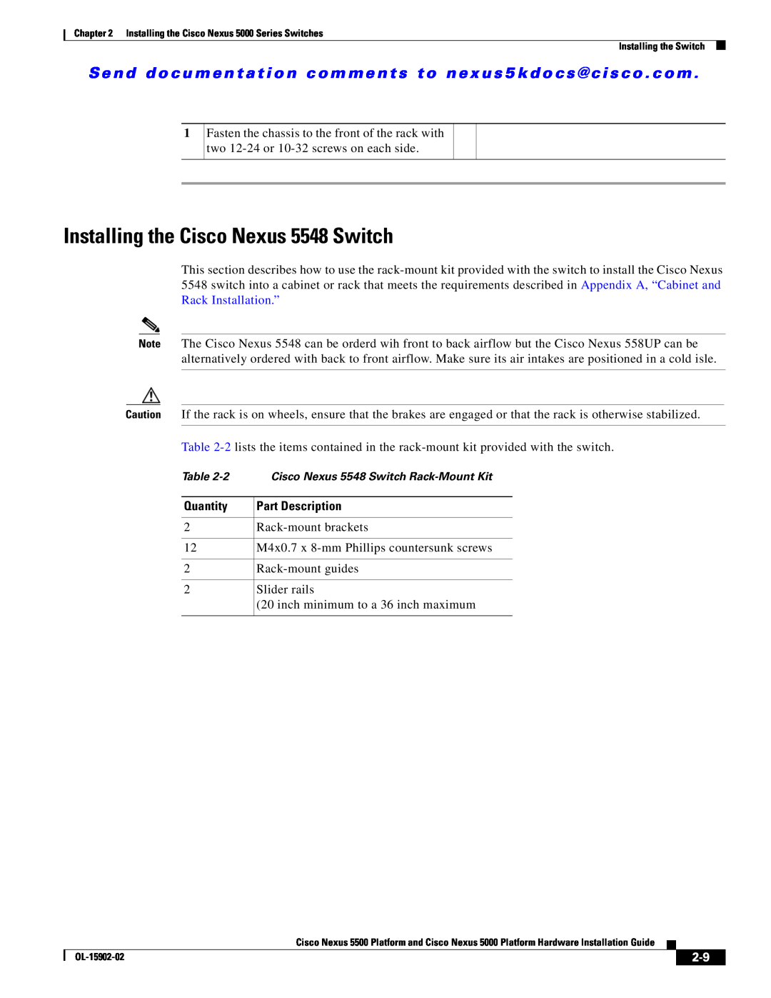 Cisco Systems 5000 manual Installing the Cisco Nexus 5548 Switch, Cisco Nexus 5548 Switch Rack-Mount Kit 