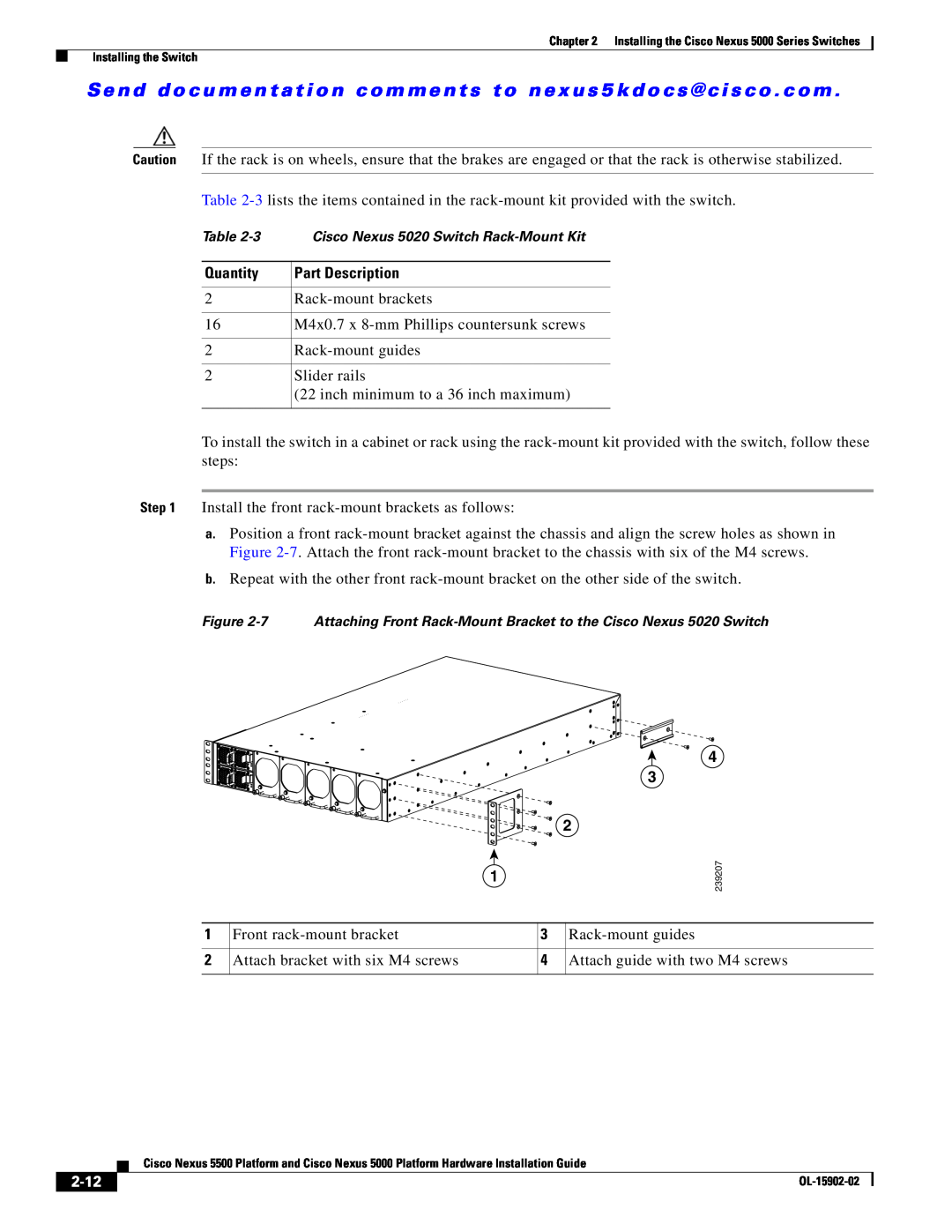 Cisco Systems 5000 manual Quantity, Part Description, 2-12, Cisco Nexus 5020 Switch Rack-Mount Kit 