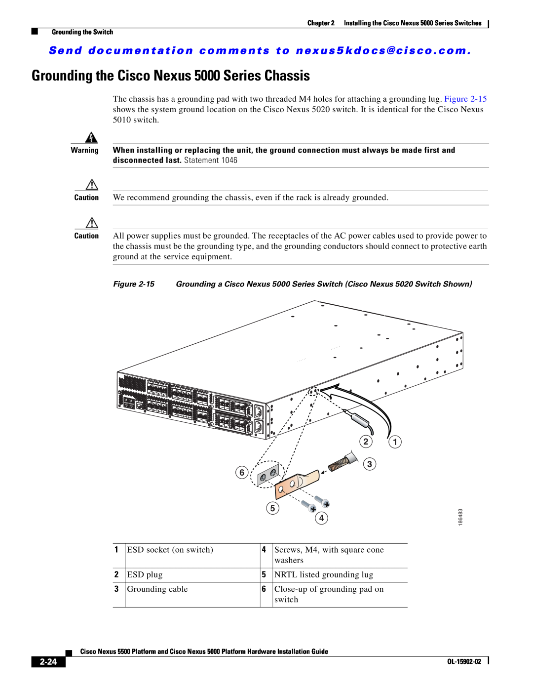 Cisco Systems manual Grounding the Cisco Nexus 5000 Series Chassis, 2-24 