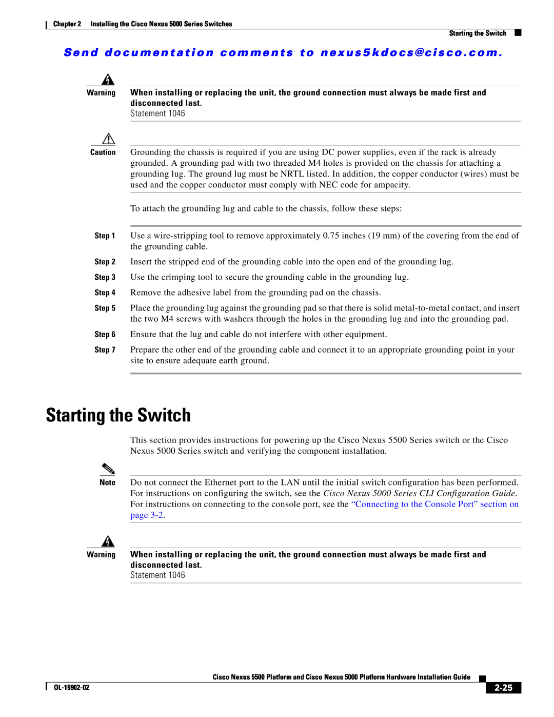 Cisco Systems 5000 manual Starting the Switch, Statement, 2-25 