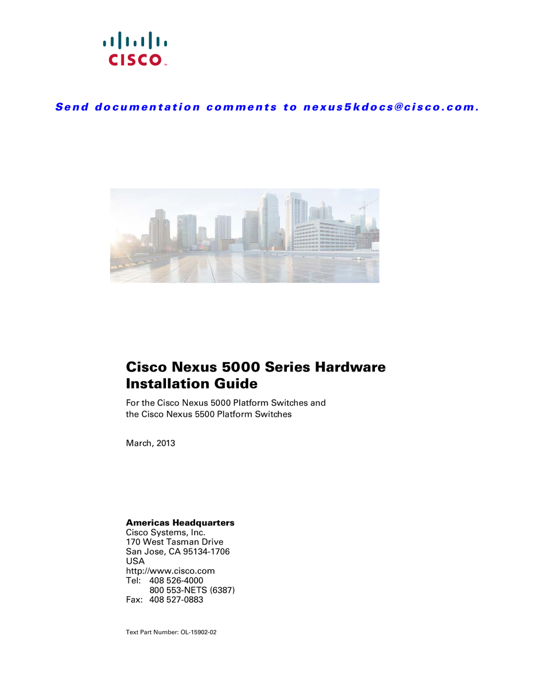 Cisco Systems manual Cisco Nexus 5000 Series Hardware Installation Guide, Americas Headquarters 