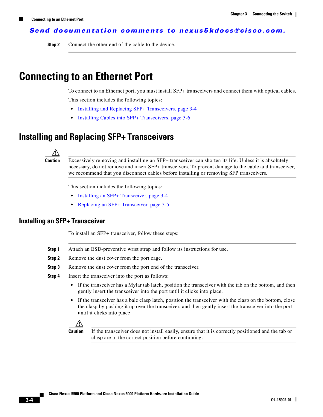 Cisco Systems 5000 manual Connecting to an Ethernet Port, Installing and Replacing SFP+ Transceivers 