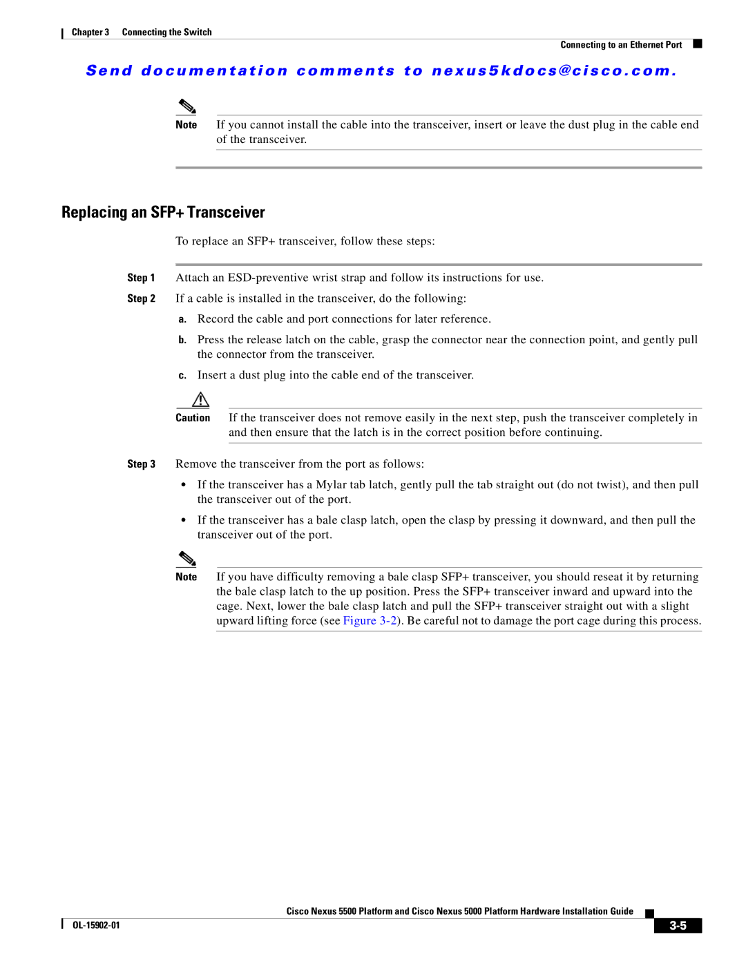 Cisco Systems 5000 manual Replacing an SFP+ Transceiver 