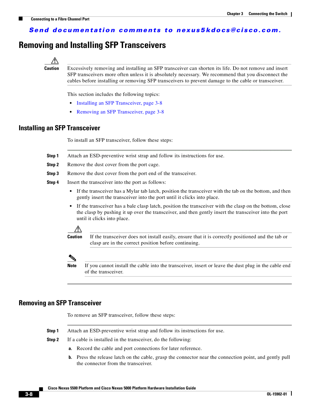 Cisco Systems 5000 Removing and Installing SFP Transceivers, Installing an SFP Transceiver, Removing an SFP Transceiver 