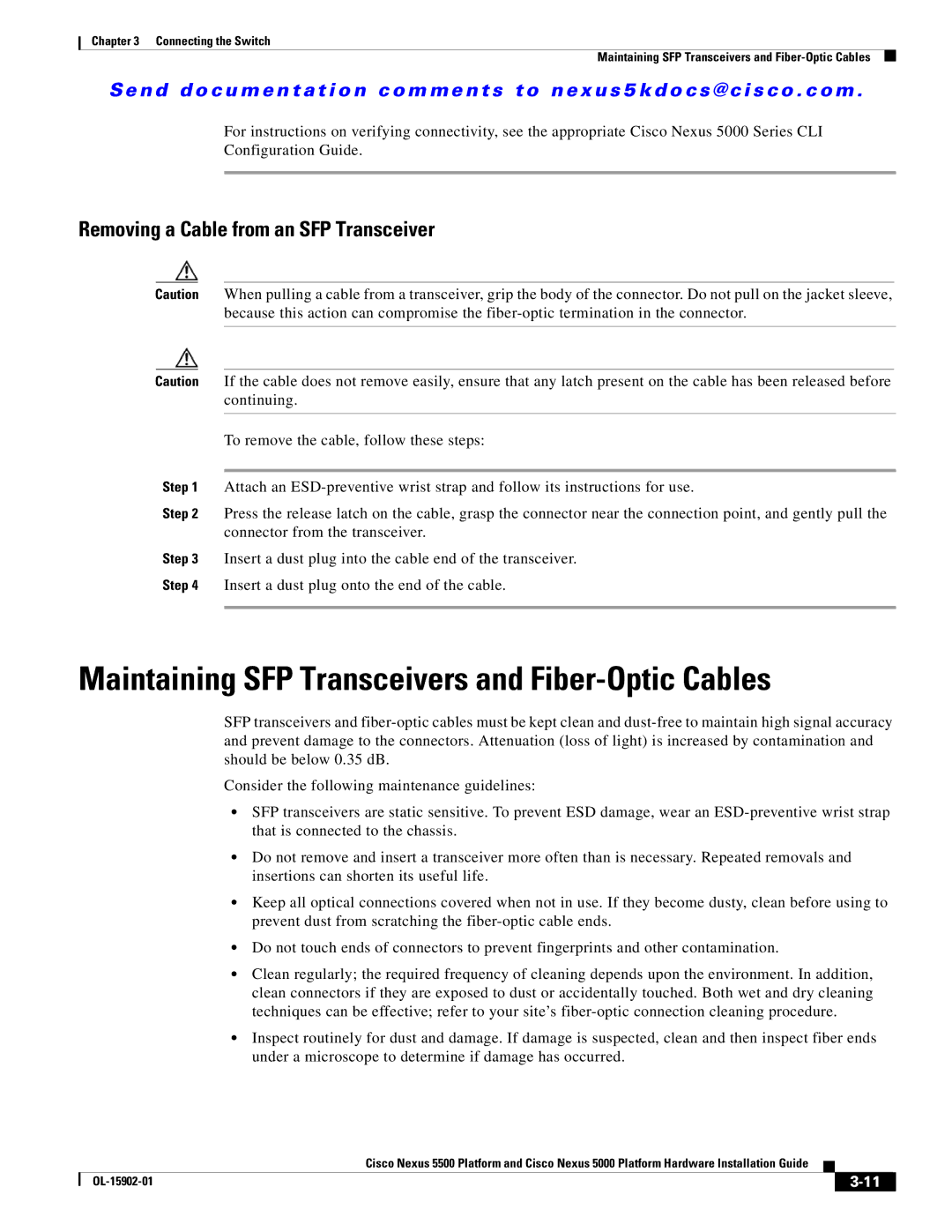 Cisco Systems 5000 manual Maintaining SFP Transceivers and Fiber-Optic Cables, Removing a Cable from an SFP Transceiver 