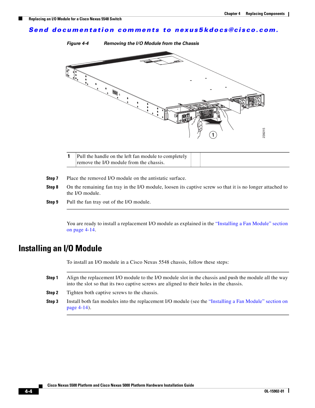 Cisco Systems 5000 manual Installing an I/O Module, Removing the I/O Module from the Chassis 