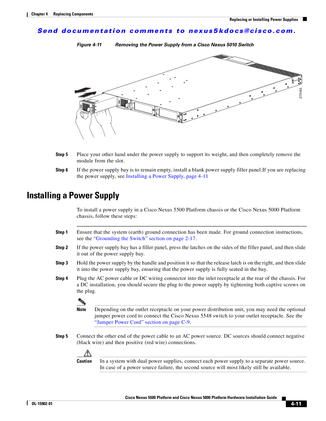 Cisco Systems 5000 manual Installing a Power Supply, Removing the Power Supply from a Cisco Nexus 5010 Switch 