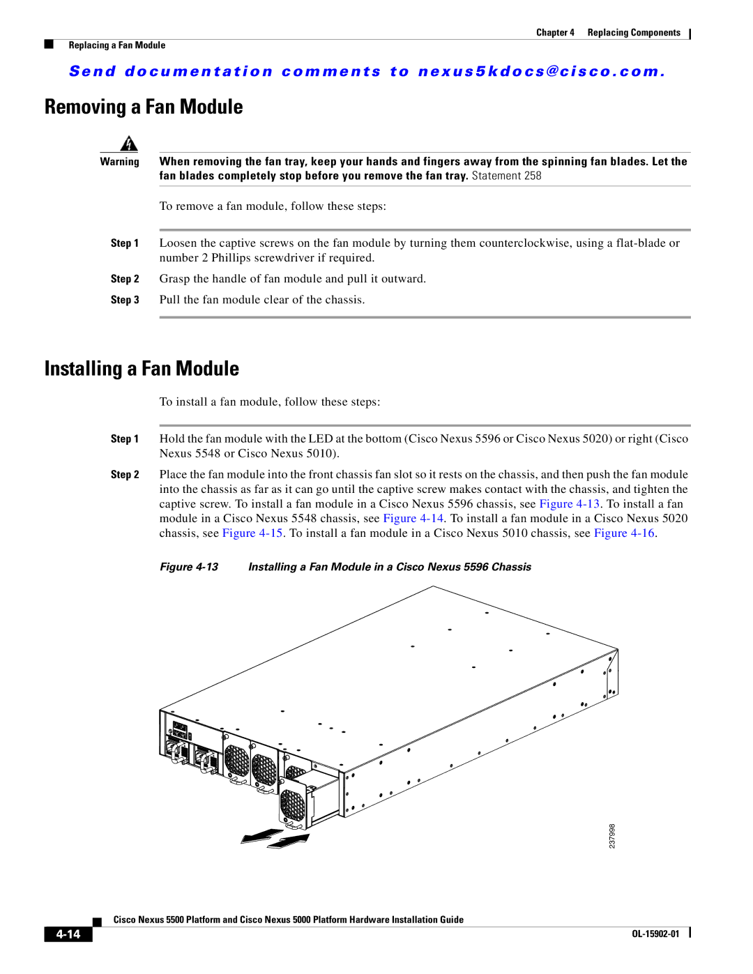 Cisco Systems 5000 manual Removing a Fan Module, Installing a Fan Module 