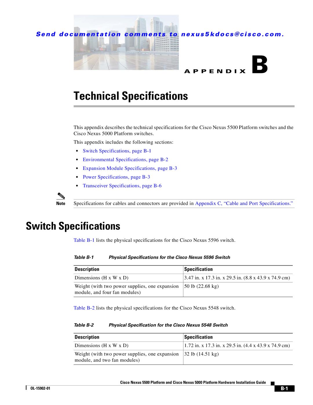 Cisco Systems 5000 manual Switch Specifications, Description Specification 