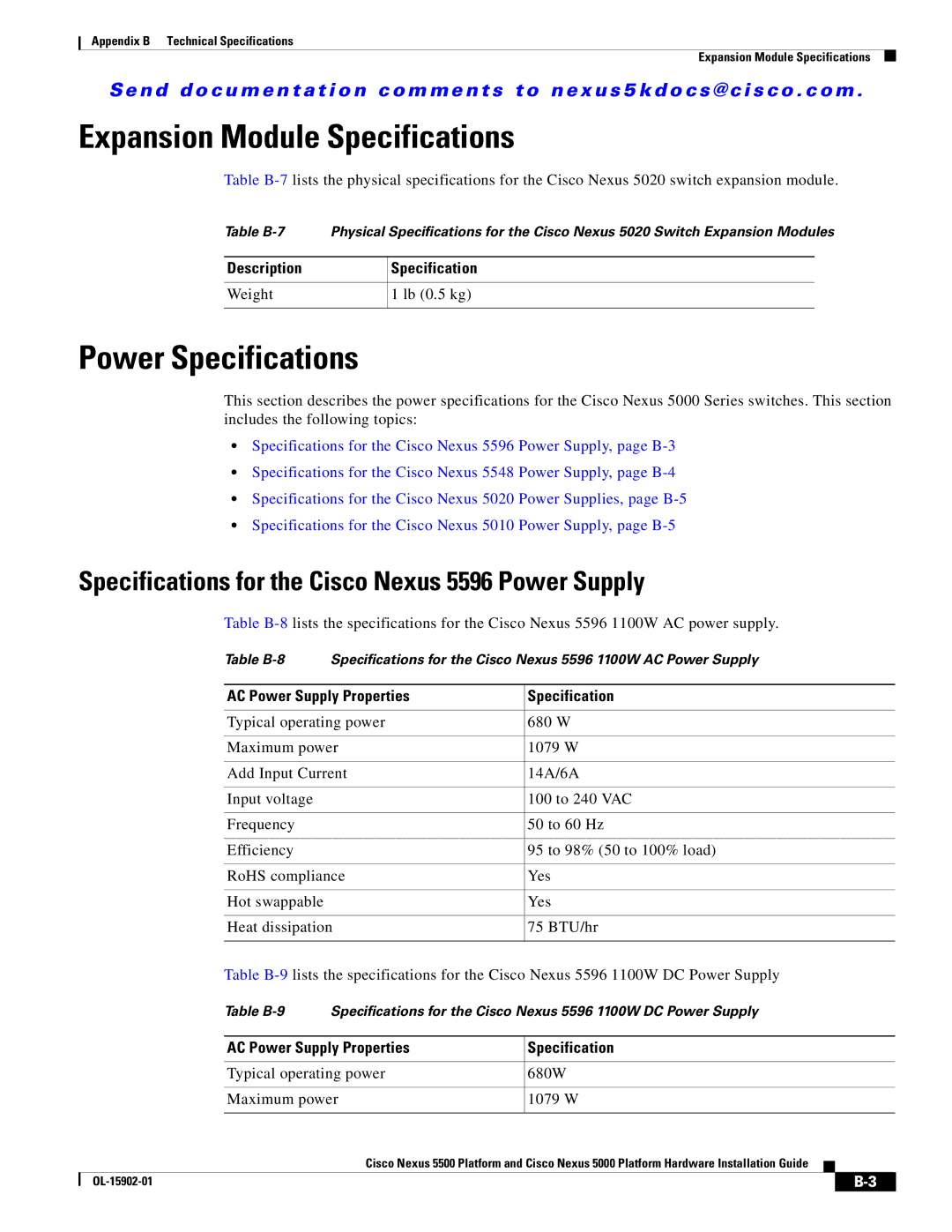 Cisco Systems 5000 manual Expansion Module Specifications, Power Specifications, AC Power Supply Properties Specification 